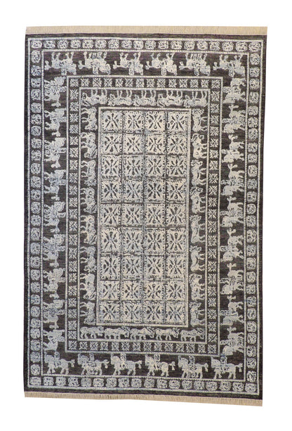 Tribal Sumack Wedding Design hand-knotted wool-silk rug in Black & Blue, full view