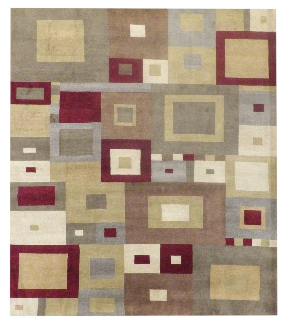Modern Geometrical Design hand-knotted wool rug in Brown & Red, full view