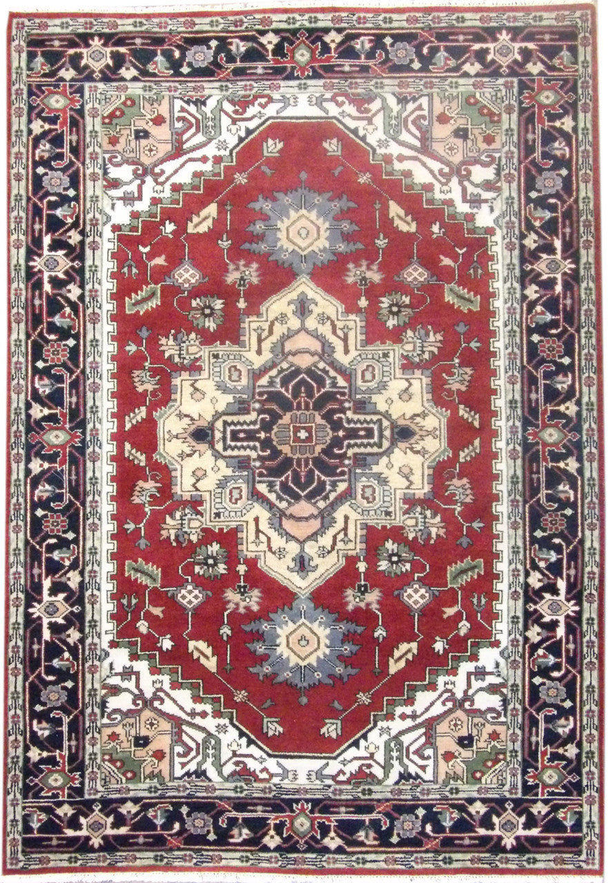 Tribal Heriz hand-knotted wool rug in Blue & Red, full view