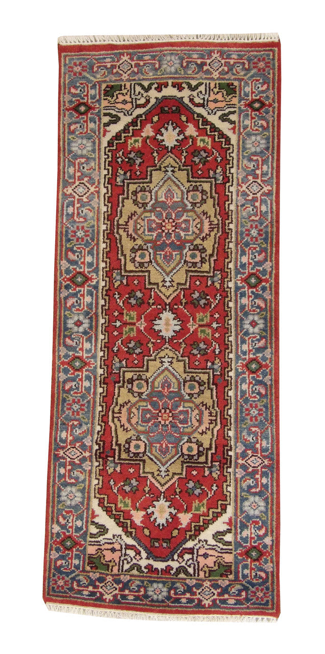 Tribal Indo Heriz hand-knotted wool rug in Red, full view