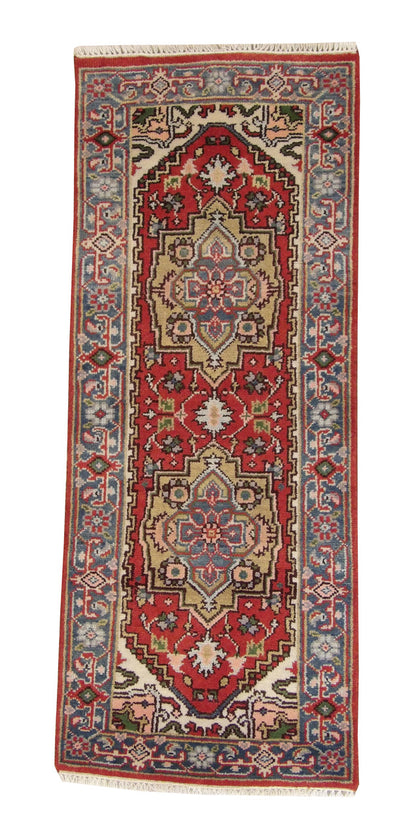 Tribal Indo Heriz hand-knotted wool rug in Red, full view
