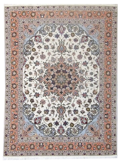 Fine Persian Qum hand-knotted wool-silk rug in Beige & Pink, full view