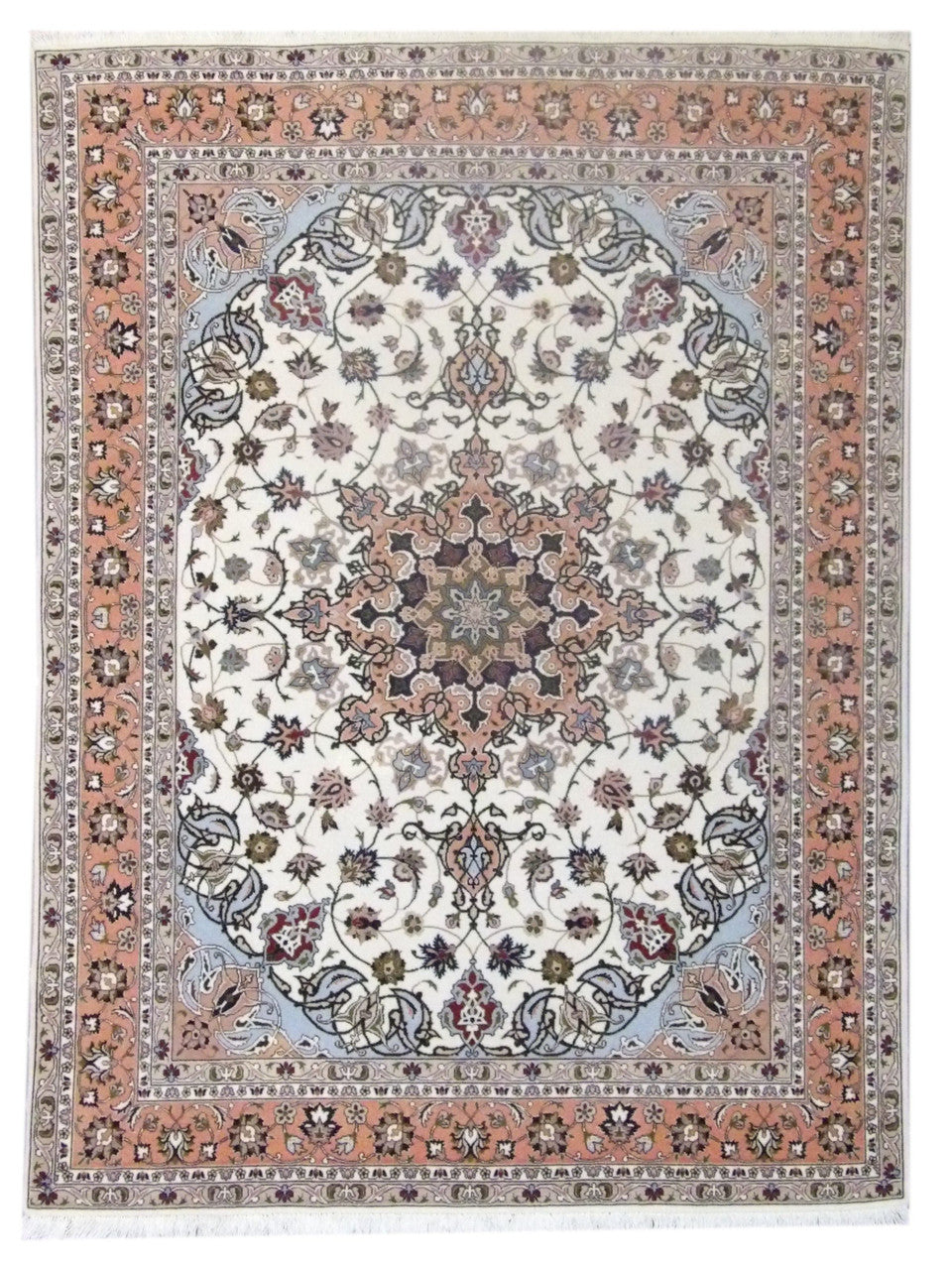Fine Persian Qum hand-knotted wool-silk rug in Beige & Pink, full view
