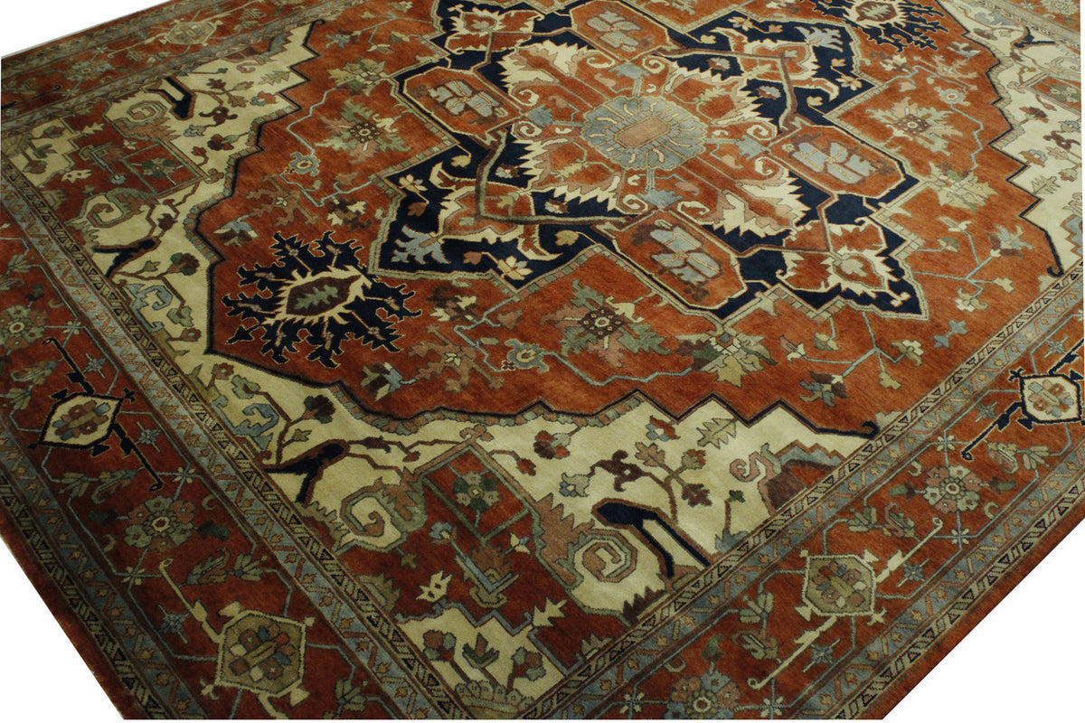 Traditional Antiquewash Sherapi hand-knotted wool rug in Blue, full view