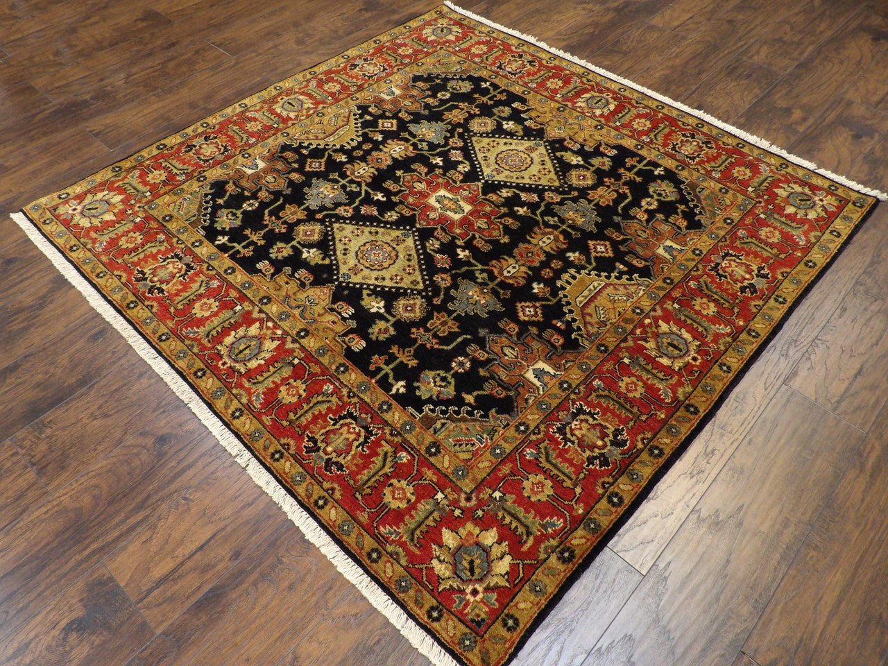 Sherapi tribal rug geometric pattern detail, hand-knotted wool, brown and blue
