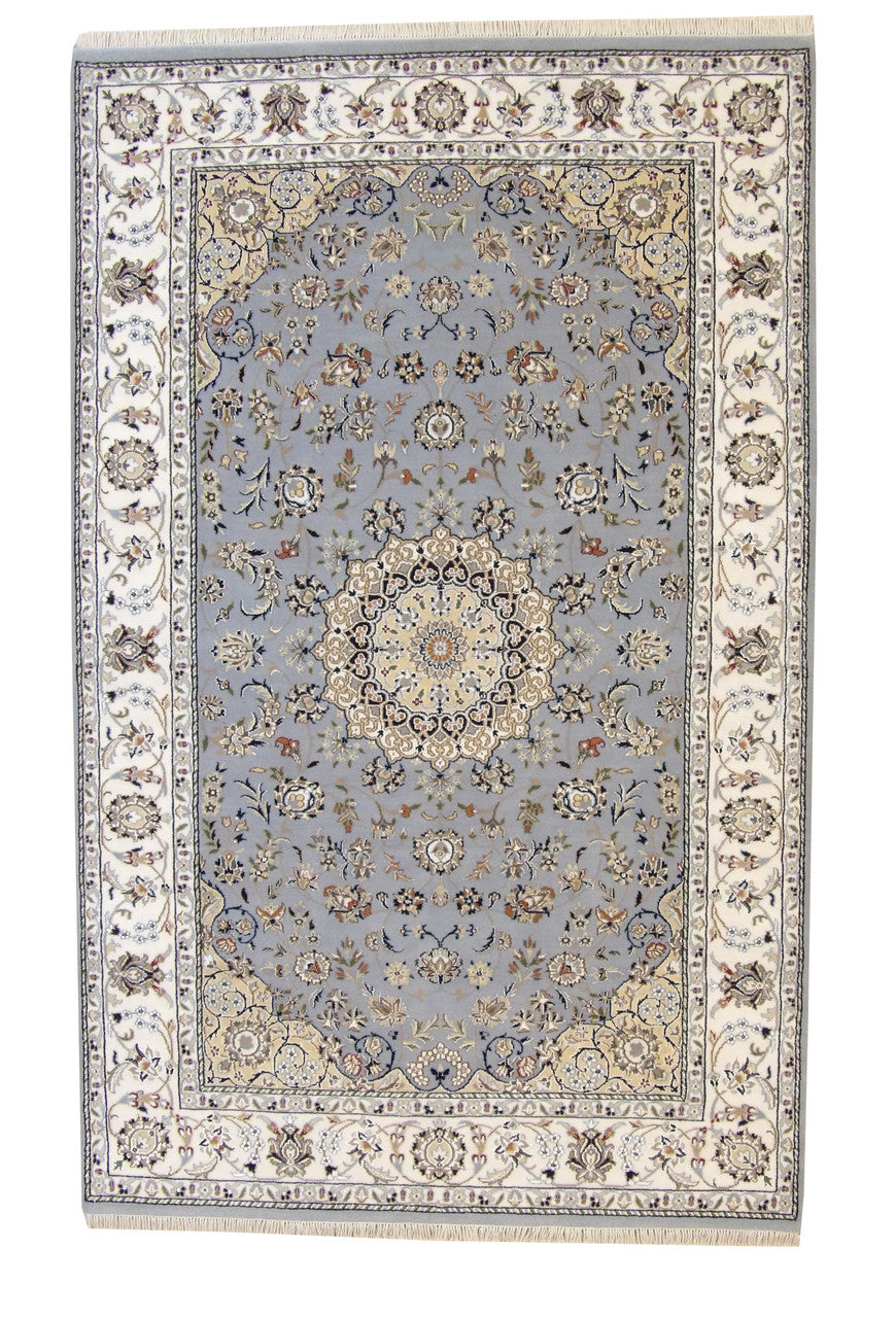 Traditional Fine Nain hand-knotted wool-silk rug in Blue & Beige, full view