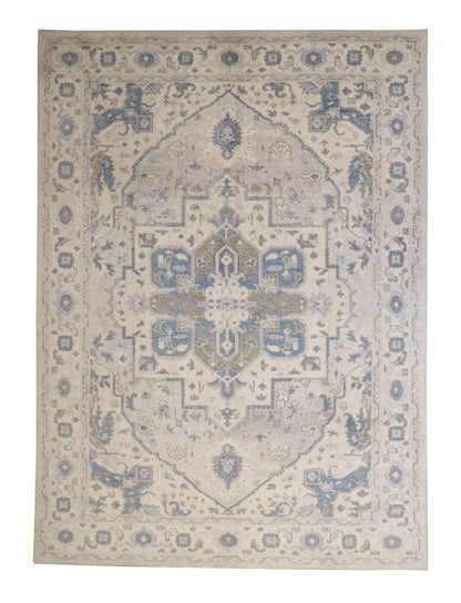 Tribal Silverwash Heriz Design hand-knotted silk rug in Blue & Beige, full view