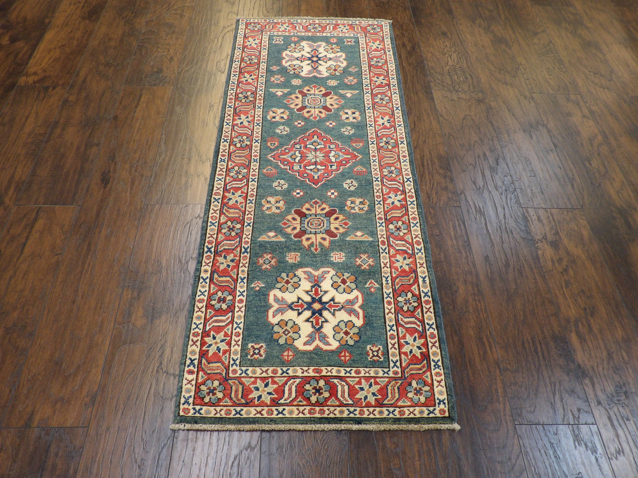 Green 2'6" x 6'0" Tribal Kazak Hand knotted Wool Rug - Sku: w231