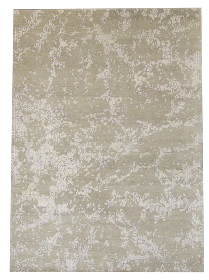 Transitional broken damask hand-knotted wool-silk rug in beige and gray, full view, 5x8