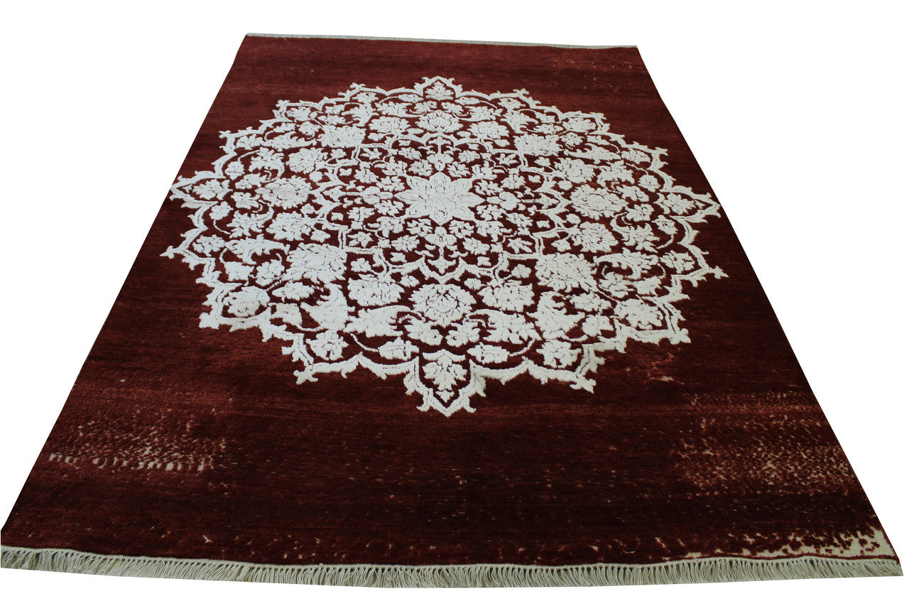 Close-up of wool-silk pile, Red & White rug