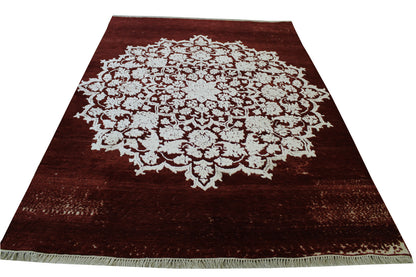 Close-up of wool-silk pile, Red & White rug