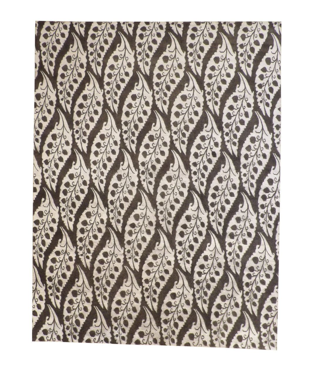 Modern Ikat Design hand-knotted wool-silk rug in Black & Gray, full view