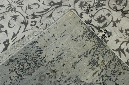 Transitional Broken Floral Design hand-knotted wool-silk rug in Black & Gray, full view