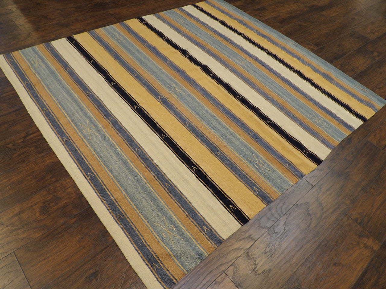 Anatolian stripe pattern detail, brown and ivory hand-knotted rug