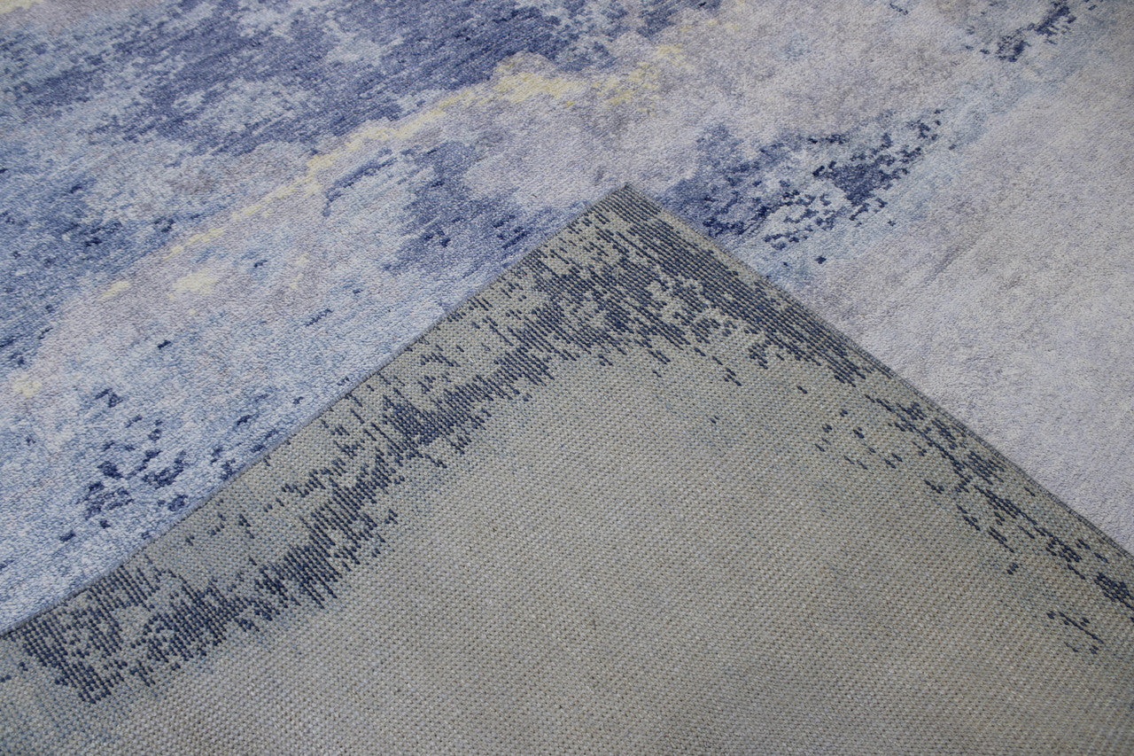 Modern Abstract Distress Design hand-knotted silk rug in Blue & White, full view