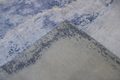 Modern Abstract Distress Design hand-knotted silk rug in Blue & White, full view