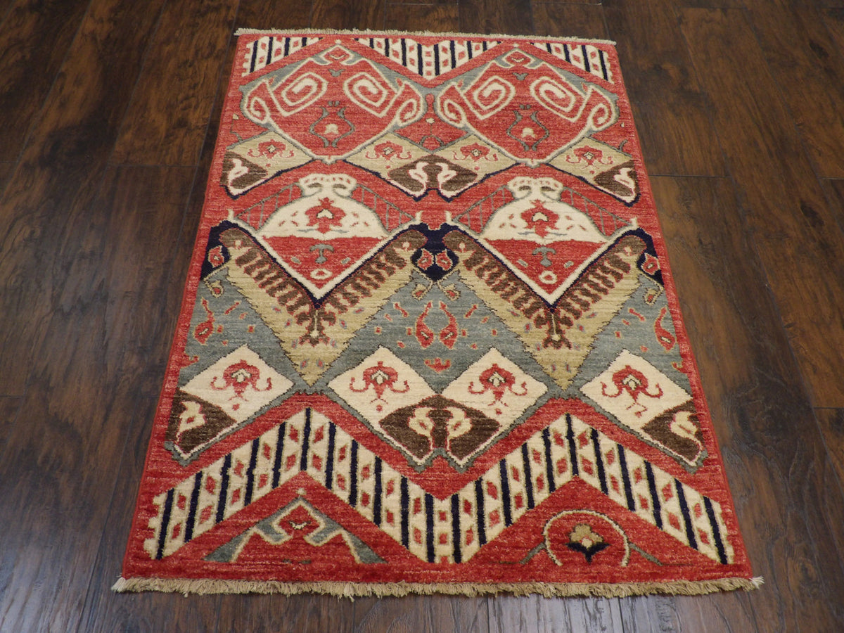 Close-up of wool pile, red Ikat rug