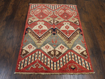 Close-up of wool pile, red Ikat rug