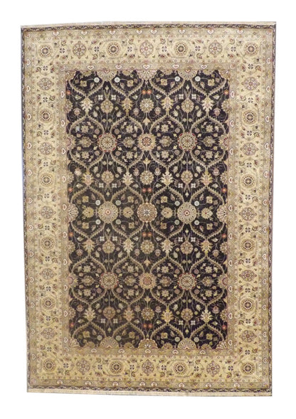 Fine Persian Mashad hand-knotted wool-silk rug in black and gold, full view