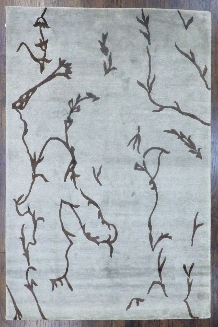 Modern leaves design hand-knotted wool-silk rug in blue and brown, full view