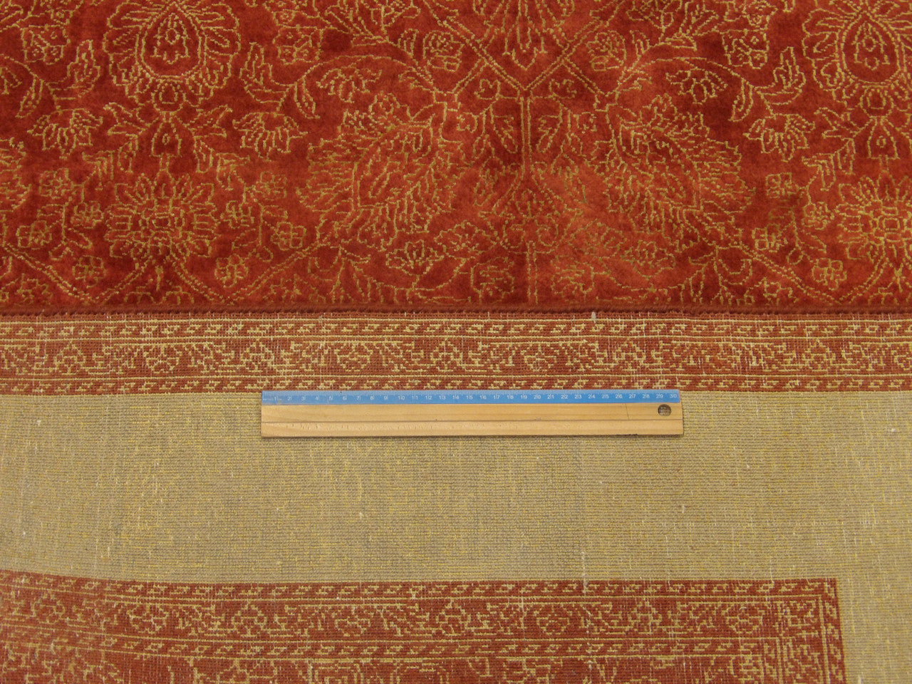 Full room view of transitional carved French hand-knotted rug