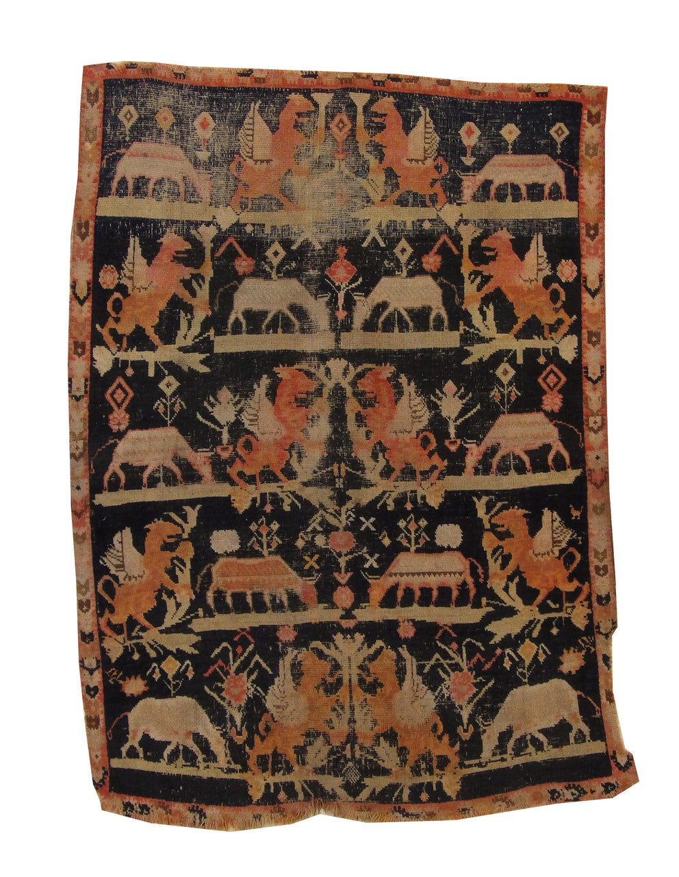 Traditional Antique Tabriz Lowpile Worn Fair Condition hand-knotted wool rug in Black, full view