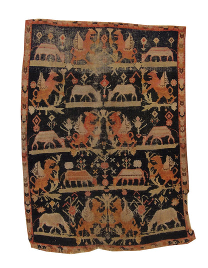 Traditional Antique Tabriz Lowpile Worn Fair Condition hand-knotted wool rug in Black, full view