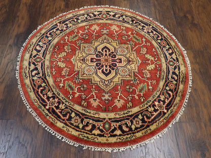Close-up of wool pile, blue and red round rug