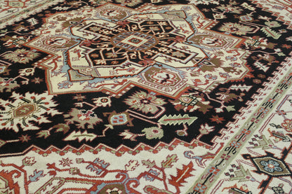 Tribal Heriz hand-knotted wool rug in Black & Beige, full view