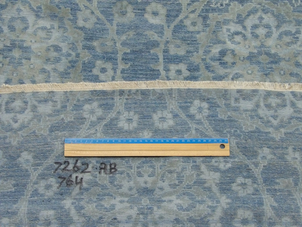 Full view of transitional Oushak stone wash hand-knotted runner