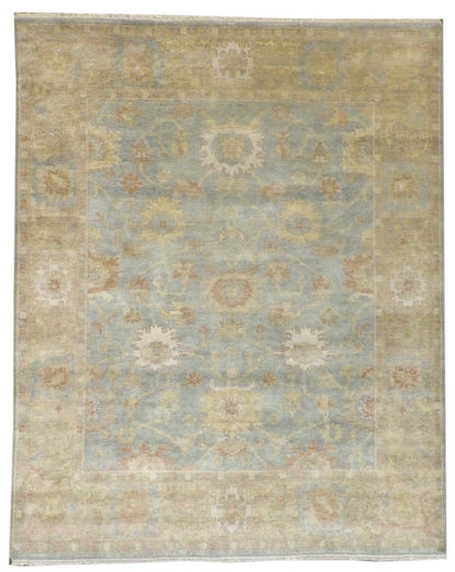 Turkish Oushak natural dye hand-knotted wool rug in gold and green, full view, 8x10