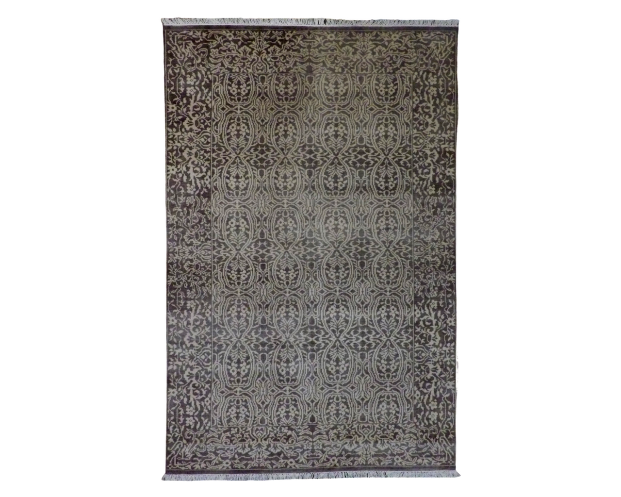 Damask hand-knotted wool rug in brown and gold, full view, 5x9