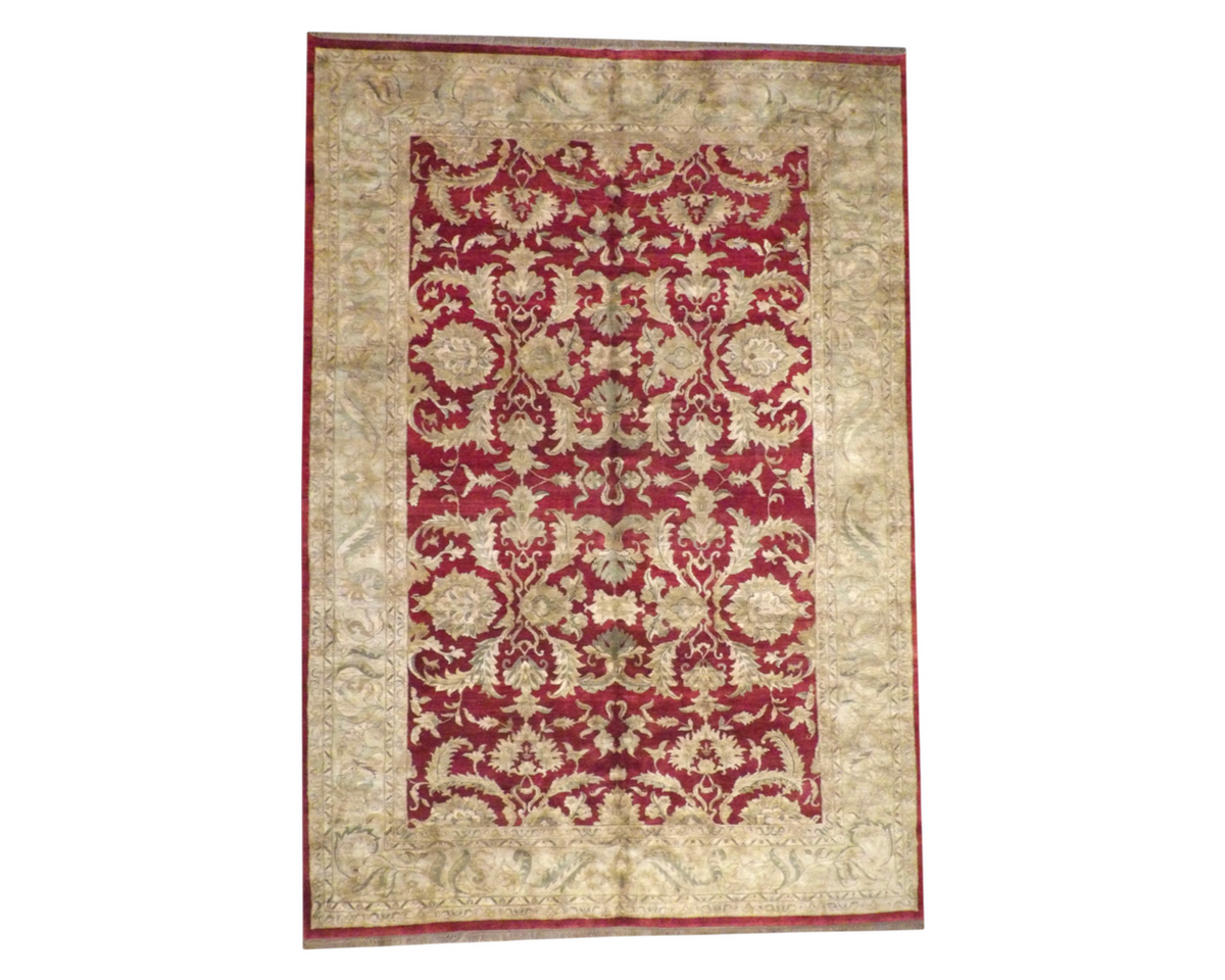 Agra Ziegler hand-knotted wool rug in gold and red, palatial size, full view