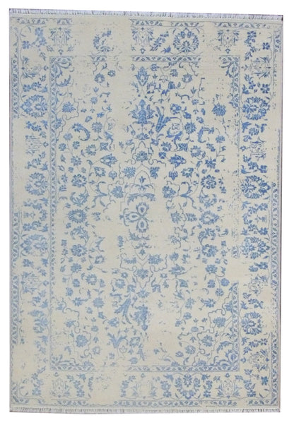 Transitional broken-design hand-knotted wool-silk rug in blue and ivory, full view