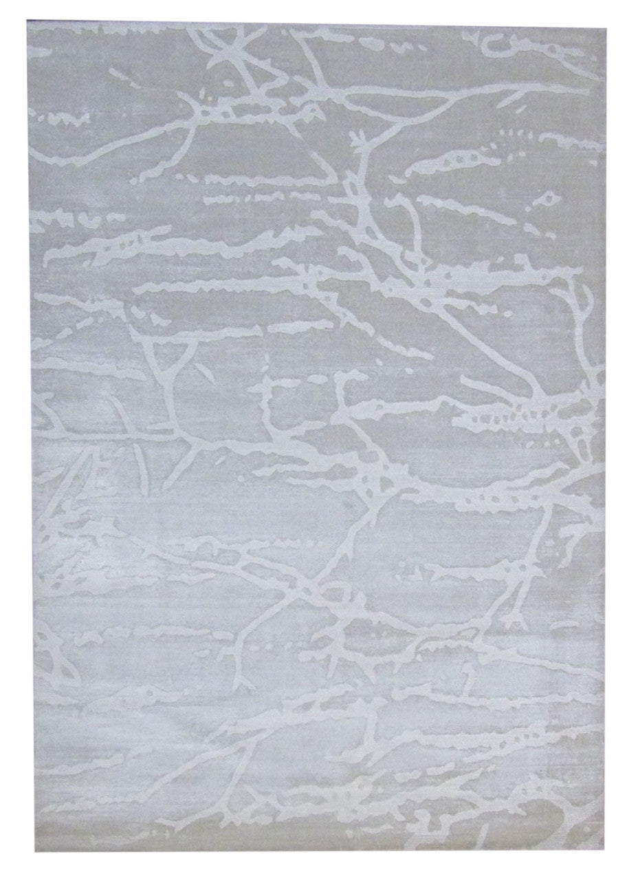 Modern silky loop abstract handloom wool-silk rug in green and gray, full view