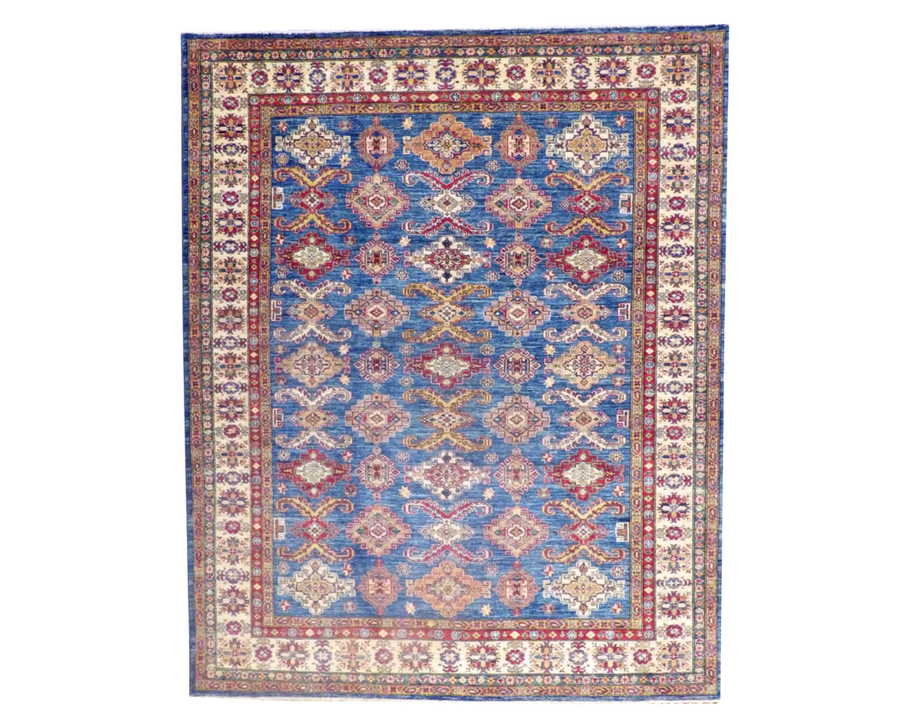 Tribal Super Kazak hand-knotted wool rug in Blue & Beige, full view