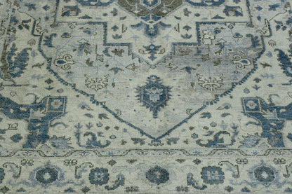 Tribal Silverwash Heriz Design hand-knotted silk rug in Blue & Beige, full view