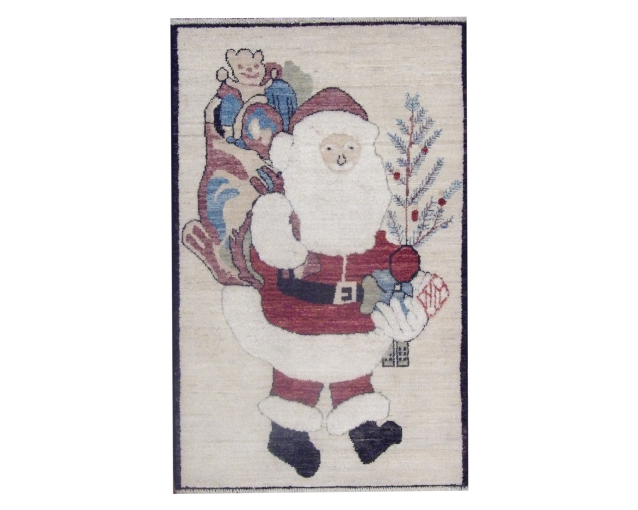 Santa Christmas hand-knotted wool rug in Beige & Red, full view
