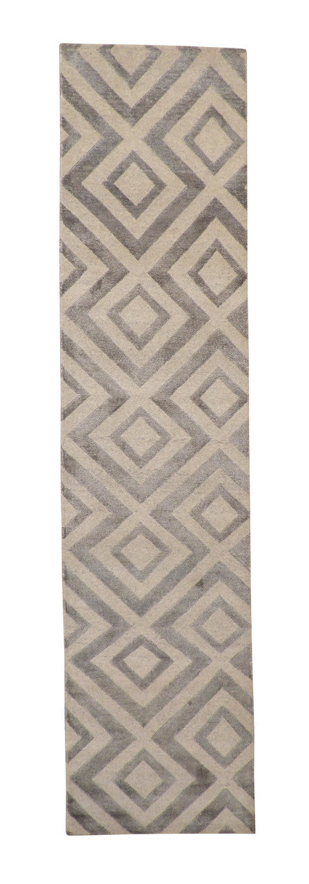 Modern Diamond Design hand-knotted wool-silk rug in Beige, full view