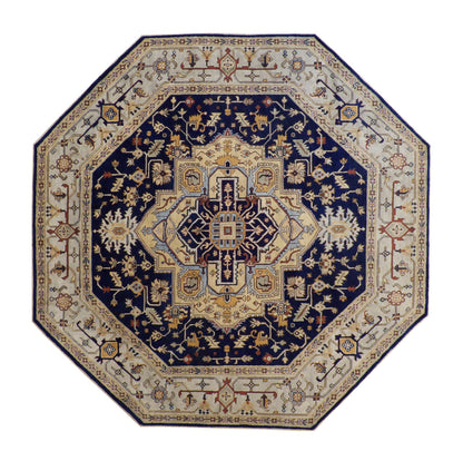 Tribal Indo Heriz hand-knotted wool rug in Blue & Beige, full view