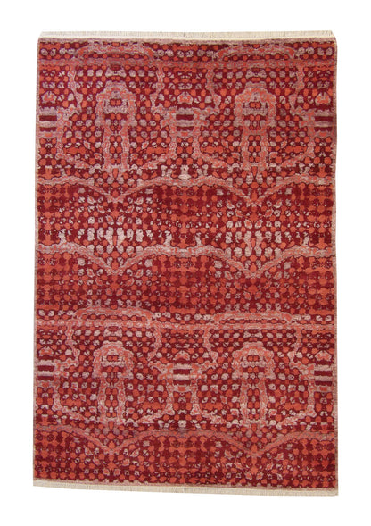 Modern Ikat Design hand-knotted wool-silk rug in Gray & Red, full view