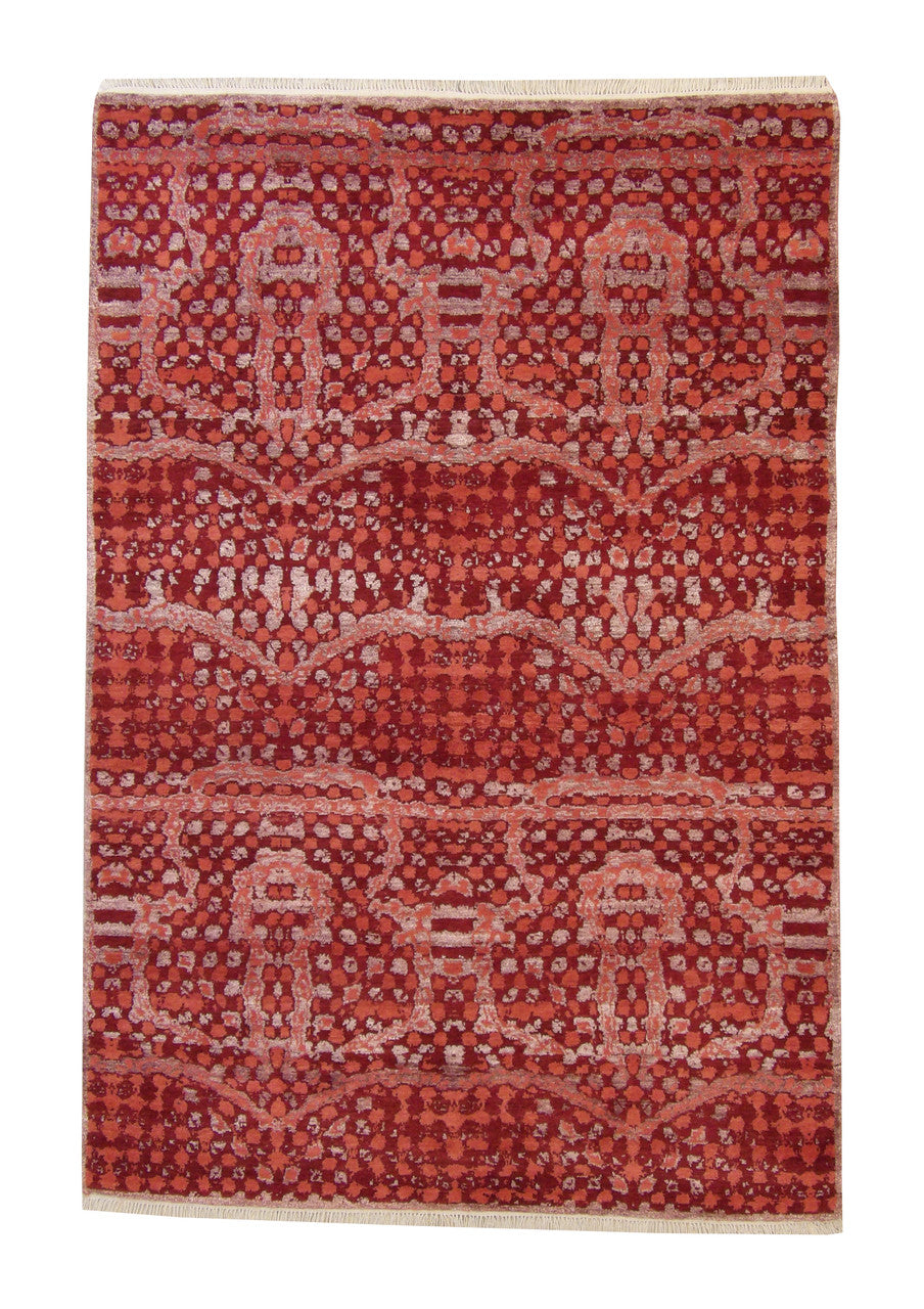 Modern Ikat Design hand-knotted wool-silk rug in Gray & Red, full view