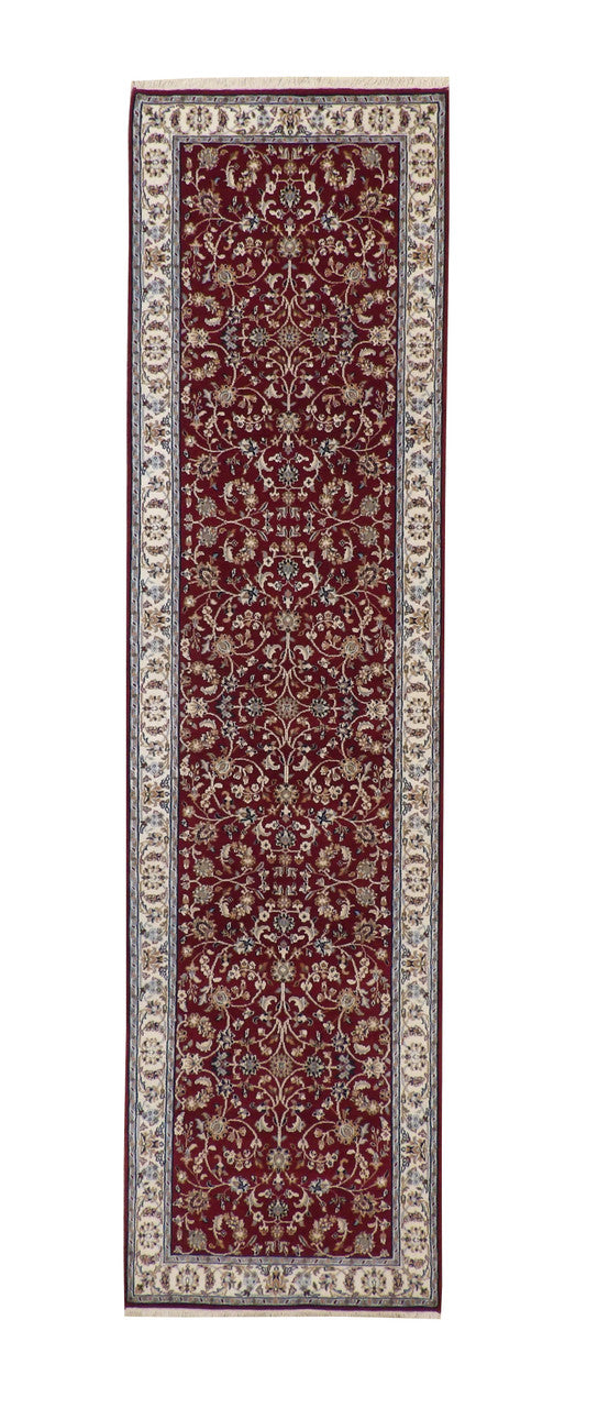 Traditional Fine Nain Design hand-knotted wool-silk rug in Red, full view