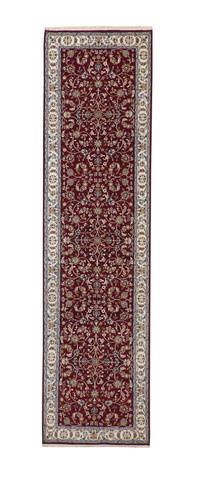 Traditional Fine Nain Design hand-knotted wool-silk rug in Red, full view
