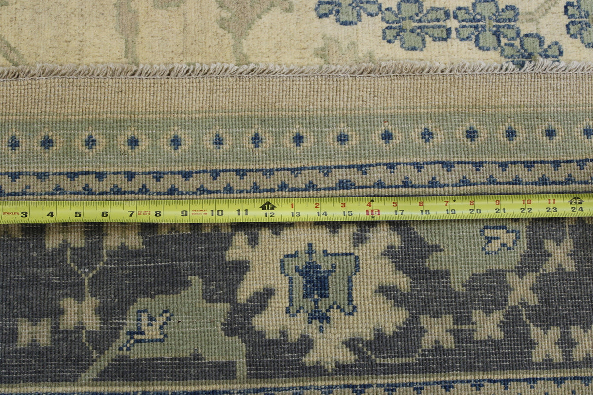 Traditional Chobi hand-knotted wool rug in Blue & Beige, full view