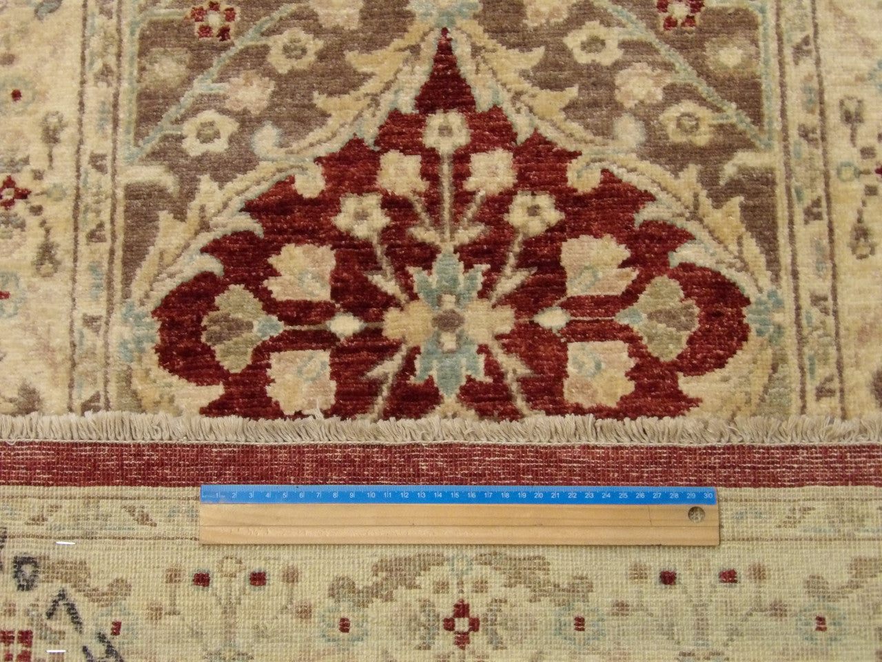 Beige & Red Oushak Chobi Natural Dye rug in room setting