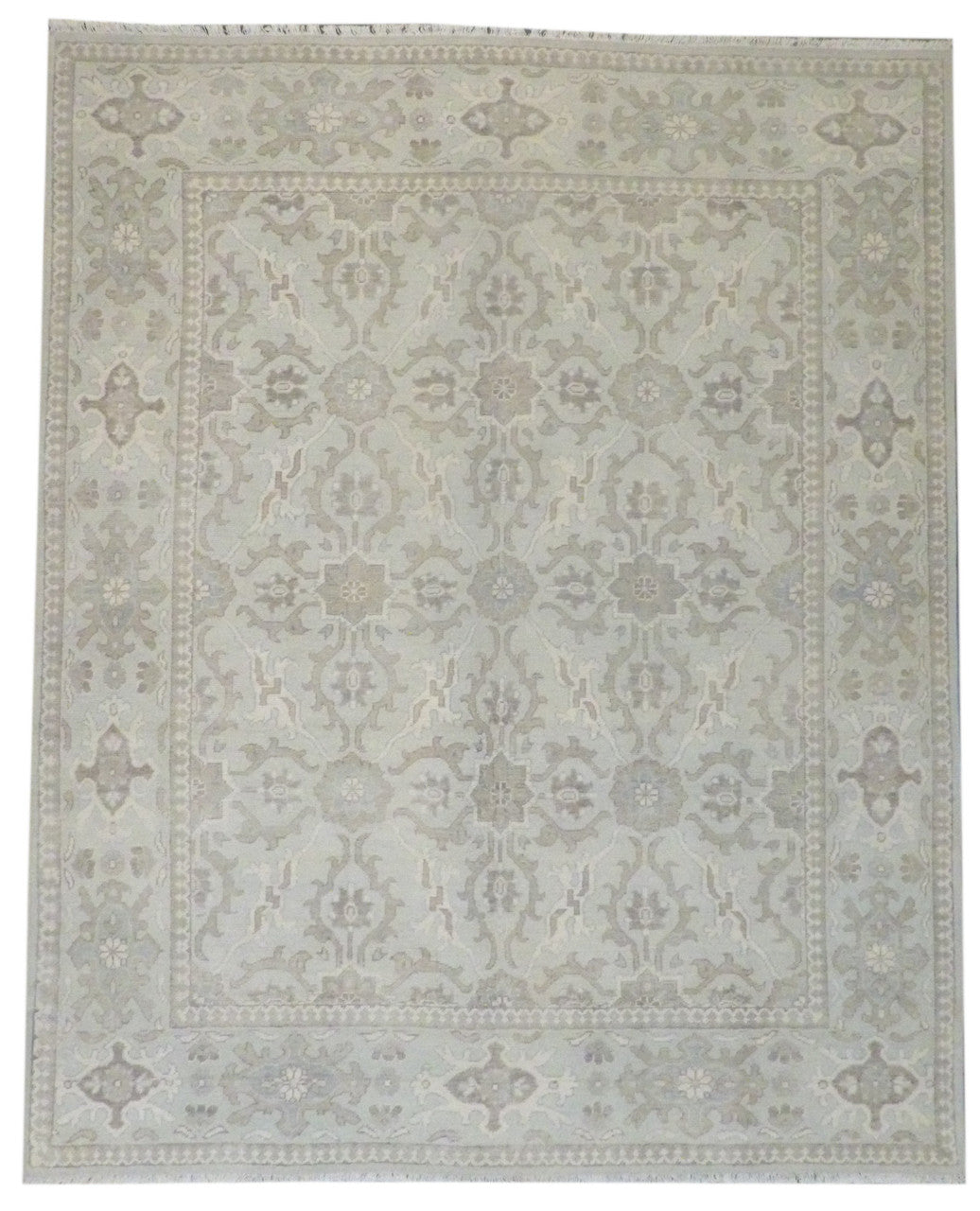 Khotan Oushak hand-knotted wool rug in green and beige, full view