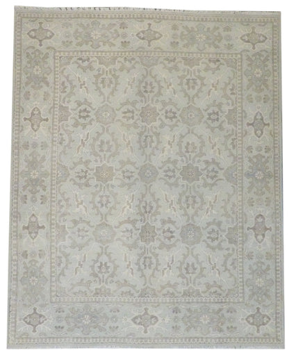 Khotan Oushak hand-knotted wool rug in green and beige, full view