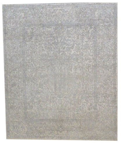 Transitional Abstract Oxidized Broken Design hand-knotted wool-silk rug in Blue & Gray, full view