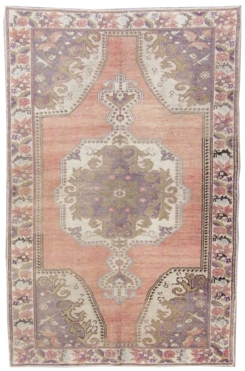Anatolian Oushak hand-knotted wool rug in pink and purple, full view